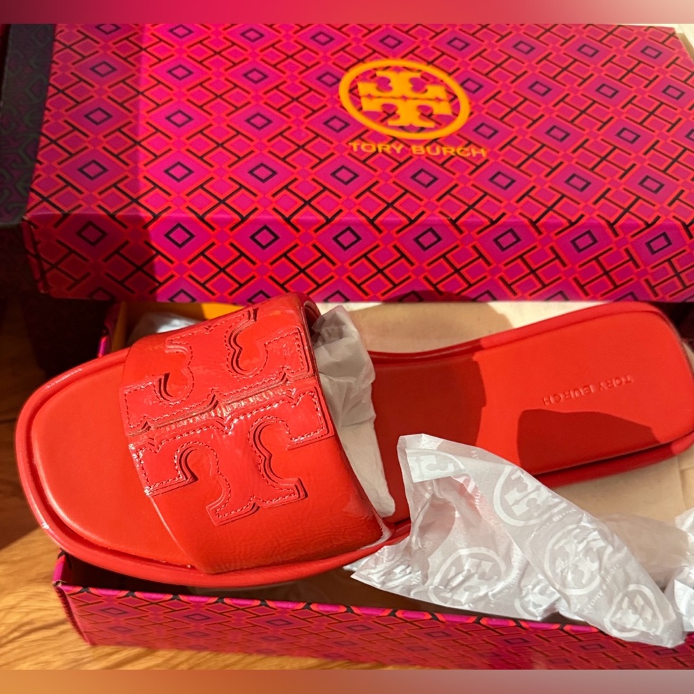 Tory Burch leather Vibrant Red Slide Sandals size 10.5 new in box